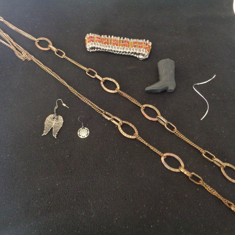 VINTAGE NATIVE SAFETY PINS BEADS BRACELET DARK BRASSY LOOPS NECK PLUS PARTS LOT
